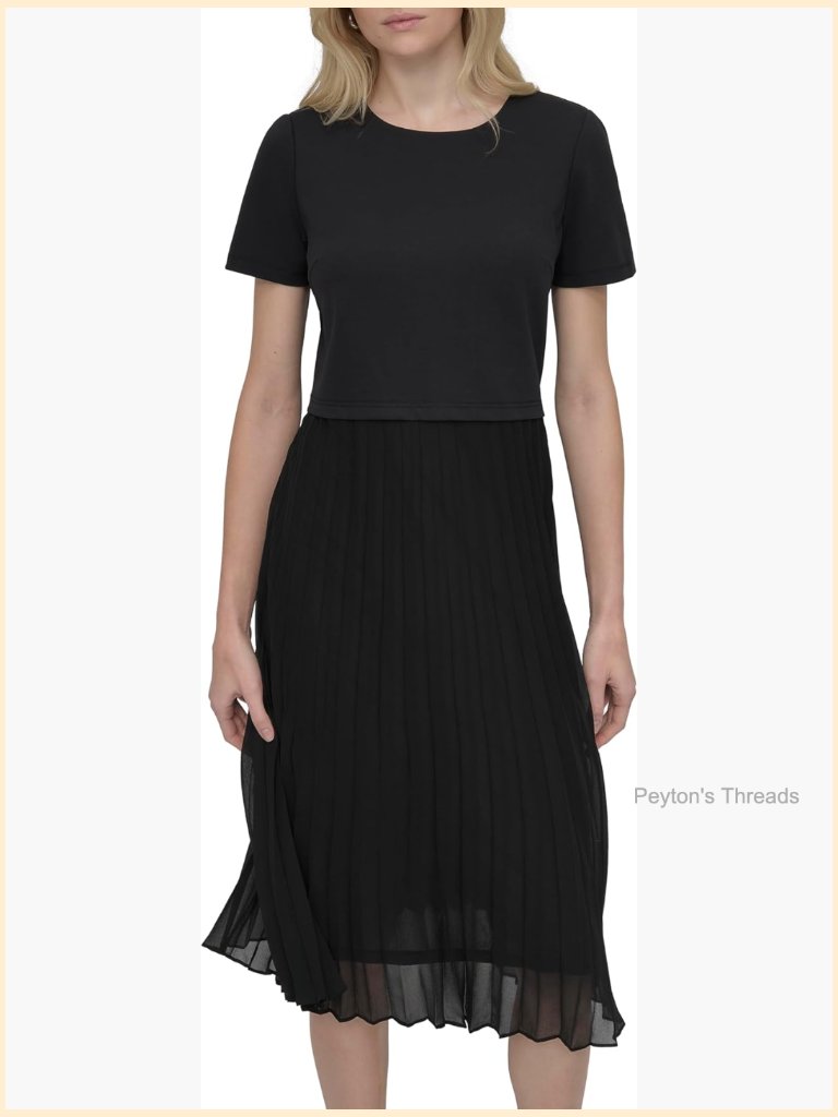 Short Sleeve Jewel Neck Pleated Skirt Keyhole Midi Dress